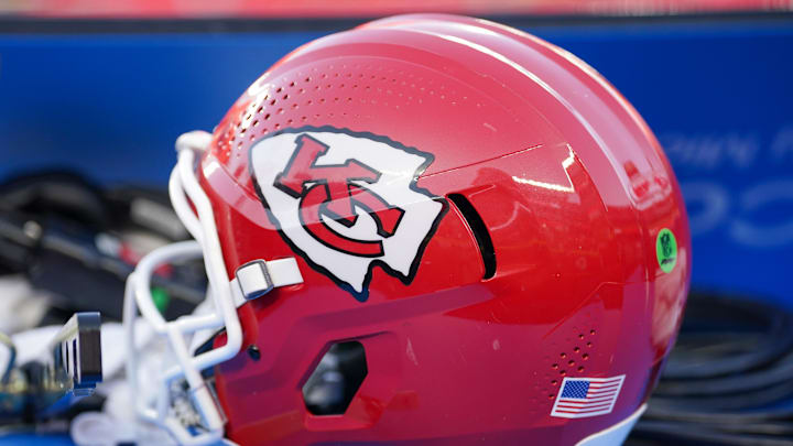 Sep 28, 2025; Kansas City, Missouri, USA; A general view of a Kansas City Chiefs helmet against the Baltimore Ravens after the game at GEHA Field at Arrowhead Stadium. Mandatory Credit: Denny Medley-Imagn Images