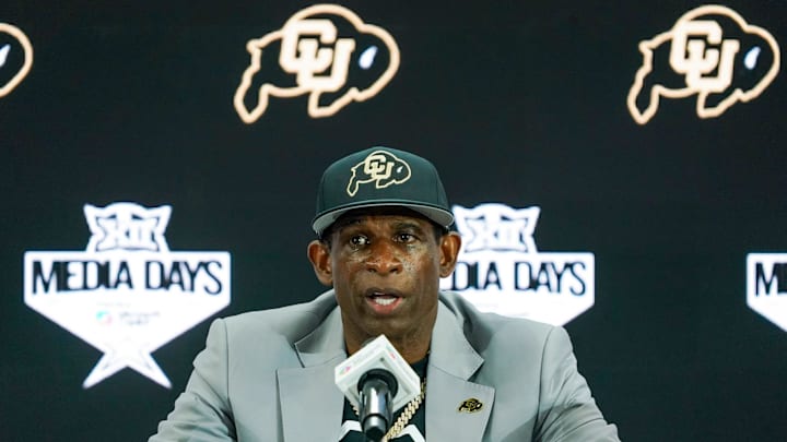 Jul 9, 2025; Frisco, TX, USA; Colorado head coach Deion Sanders speaks with the media during 2025 Big 12 Football Media Days at The Star. Mandatory Credit: Raymond Carlin III-Imagn Images