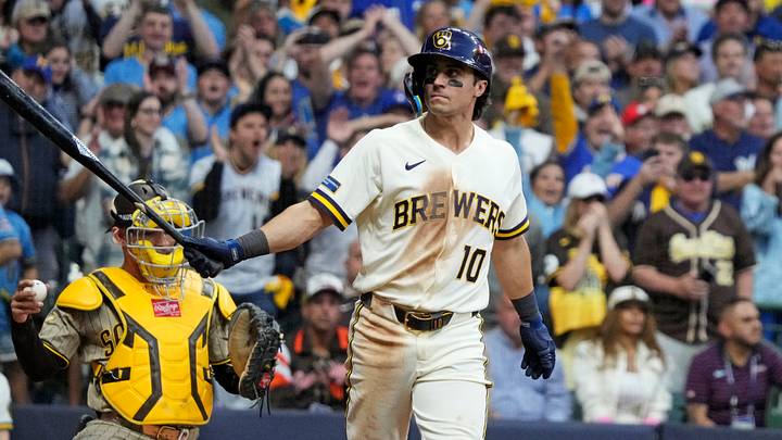 Oct 4, 2026; Milwaukee, Wisconsin, USA; Milwaukee Brewers outfielder Sal Frelick (10) walks at the bottom of the ninth inning against the San Diego Padres in game two of the NLDS for the 2026 MLB Playoffs at American Family Field. Mandatory Credit: Michael McLoone-Imagn Images Oct 4, 2026; Milwaukee, Wisconsin, USA; Milwaukee Brewers outfielder Sal Frelick (10) walks at the bottom of the ninth inning against the San Diego Padres in game two of the NLDS for the 2026 MLB Playoffs at American Family Field. Mandatory Credit: Michael McLoone-Imagn Images
