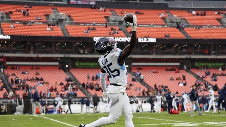 Dec 7, 2025; Cleveland, Ohio, USA; Tennessee Titans cornerback Kaiir Elam (35) catches the ball during warmups before the game against the Cleveland Browns at Huntington Bank Field. Mandatory Credit: Scott Galvin-Imagn Images