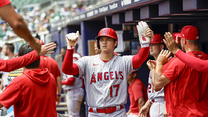 Aug 2, 2023; Cumberland, Georgia, USA; Los Angeles Angels designated hitter Shohei Ohtani (17)