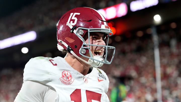 Alabama's Ty Simpson (15) a touchdown pass during the College Football Playoff game between the University of Oklahoma Sooners (OU) and the Alabama Crimson Tide at the Gaylord Family – Oklahoma Memorial Stadium in Norman, Okla., Friday Dec. 19, 2025. Alabama's Ty Simpson (15) a touchdown pass during the College Football Playoff game between the University of Oklahoma Sooners (OU) and the Alabama Crimson Tide at the Gaylord Family – Oklahoma Memorial Stadium in Norman, Okla., Friday Dec. 19, 2025.