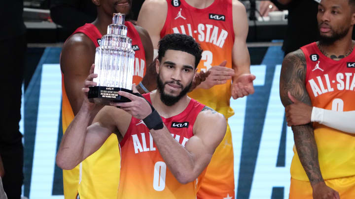 Feb 19, 2023; Salt Lake City, UT, USA; Team Giannis forward Jayson Tatum (0) holds the Kobe Bryant MVP Trophy after the 2023 NBA All-Star Game at Vivint Arena. Mandatory Credit: Kirby Lee-USA TODAY Sports Feb 19, 2023; Salt Lake City, UT, USA; Team Giannis forward Jayson Tatum (0) holds the Kobe Bryant MVP Trophy after the 2023 NBA All-Star Game at Vivint Arena. Mandatory Credit: Kirby Lee-USA TODAY Sports