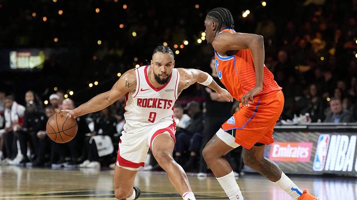 Dec 14, 2024; Las Vegas, Nevada, USA; Houston Rockets forward Dillon Brooks (9) controls the ball against Oklahoma City Thunder forward Jalen Williams (8) during the fourth quarter in a semifinal of the 2024 Emirates NBA Cup at T-Mobile Arena. Mandatory Credit: Kyle Terada-Imagn Images