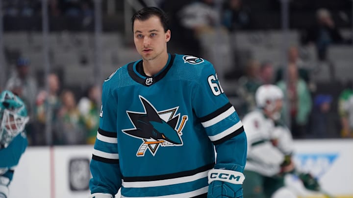 Apr 13, 2024; San Jose, California, USA; San Jose Sharks right wing Kevin Labanc (62) during
