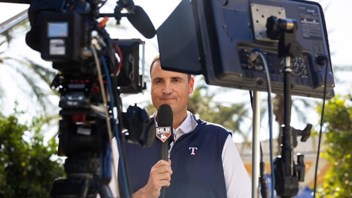 Nov 7, 2023; Scottsdale, AZ, USA; Texas Rangers general manager Chris Young speaks to the media