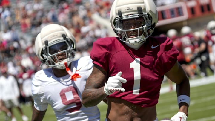 Apr 12, 2025; Tuscaloosa, AL, USA; Alabama wide receiver Isaiah Horton (1) can’t catch up to an overthrown ball as he is defended by Alabama defensive back Cam Calhoun (9) during A-Day at Bryant-Denny Stadium. Mandatory Credit: Gary Cosby/USA TODAY NETWORK via Imagn Images