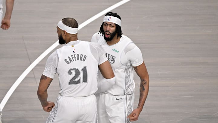 Feb 8, 2025; Dallas, Texas, USA; Dallas Mavericks forward Anthony Davis (3) and center Daniel Gafford (21) celebrates after Davis dunks the ball during the game between the Dallas Mavericks and the Houston Rockets at the American Airlines Center. Mandatory Credit: Jerome Miron-Imagn Images