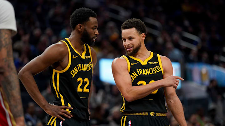 Jan 10, 2024; San Francisco, California, USA; Golden State Warriors guard Stephen Curry (30) talks with forward Andrew Wiggins (22) during a break in the action against the New Orleans Pelicans in the second quarter at the Chase Center. Mandatory Credit: Cary Edmondson-USA TODAY Sports Jan 10, 2024; San Francisco, California, USA; Golden State Warriors guard Stephen Curry (30) talks with forward Andrew Wiggins (22) during a break in the action against the New Orleans Pelicans in the second quarter at the Chase Center. Mandatory Credit: Cary Edmondson-USA TODAY Sports