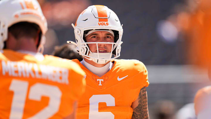 Tennessee quarterback Joey Aguilar (6) looks around Neyland Stadium before a NCAA football game between Tennessee and Georgia at Neyland Stadium in Knoxville, Tennessee, on September 13, 2025.