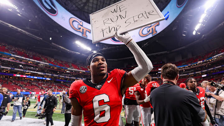 Nov 28, 2025; Atlanta, Georgia, USA; Georgia Bulldogs defensive back Daylen Everette (6) celebrates after a victory over the Georgia Tech Yellow Jackets at Mercedes-Benz Stadium. Mandatory Credit: Brett Davis-Imagn Images
