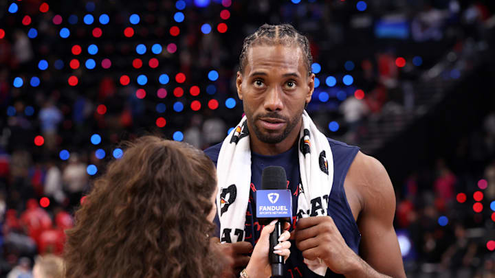 Jan 4, 2025; Inglewood, California, USA;  Los Angeles Clippers forward Kawhi Leonard (2) talks during a post game interview after defeating the Atlanta Hawks at Intuit Dome.