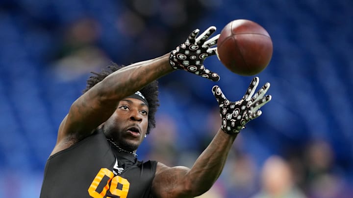 Feb 28, 2026; Indianapolis, IN, USA; Georgia wideout Zachariah Branch (WO09) during the NFL Scouting Combine at Lucas Oil Stadium. Mandatory Credit: Kirby Lee-Imagn Images