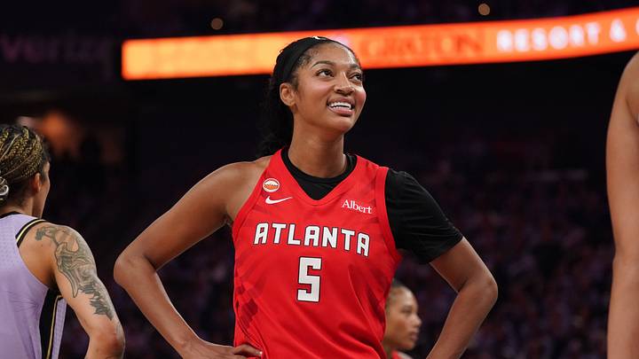 Oct 19, 2026; San Francisco, California, USA; Atlanta Dream forward Angel Reese (5) smiles during a break in the action against the Golden State Valkyries in the third quarter of game two of the 2026 WNBA Finals at Chase Center. Mandatory Credit: David Gonzales-Imagn Images Oct 19, 2026; San Francisco, California, USA; Atlanta Dream forward Angel Reese (5) smiles during a break in the action against the Golden State Valkyries in the third quarter of game two of the 2026 WNBA Finals at Chase Center. Mandatory Credit: David Gonzales-Imagn Images