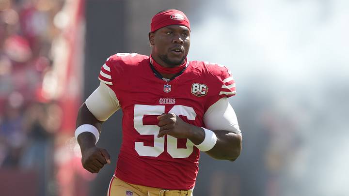 Oct 4, 2026; Santa Clara, California, USA; San Francisco 49ers defensive end Keion White (56) before the game against the Denver Broncos at Levi's Stadium. Mandatory Credit: Darren Yamashita-Imagn Images