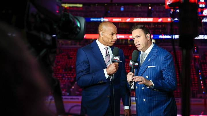 Jun 14, 2025; Edmonton, Alberta, CAN; Sportsnet host David Amber (left) and NHL Insider Elliotte Friedman (right) prior to the game between the Edmonton Oilers and the Florida Panthers in game five of the 2025 Stanley Cup Final at Rogers Place. Mandatory Credit: Sergei Belski-Imagn Images Jun 14, 2025; Edmonton, Alberta, CAN; Sportsnet host David Amber (left) and NHL Insider Elliotte Friedman (right) prior to the game between the Edmonton Oilers and the Florida Panthers in game five of the 2025 Stanley Cup Final at Rogers Place. Mandatory Credit: Sergei Belski-Imagn Images