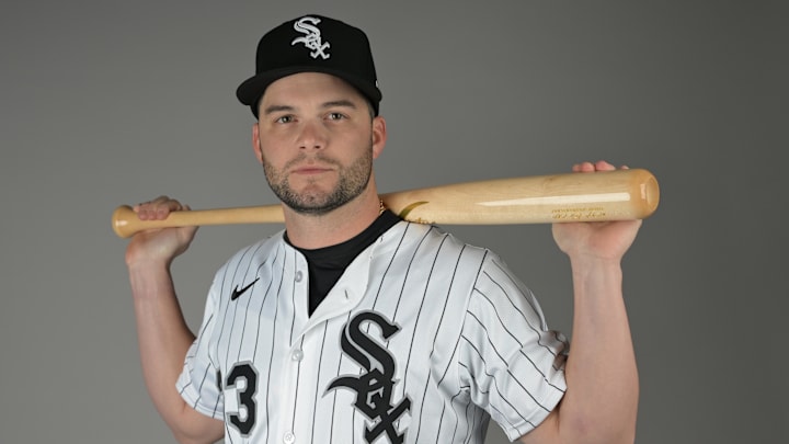 Feb 20, 2025; Glendale, AZ, USA;  Chicago White Sox Andrew Benintendi (23) poses for a photo on media day at the team’s spring training facility in Glendale, AZ.  Mandatory Credit: Jayne Kamin-Oncea-Imagn Images