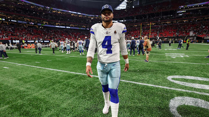 Nov 3, 2024; Atlanta, Georgia, USA; Dallas Cowboys quarterback Dak Prescott (4) walks off the field after a loss against the Atlanta Falcons at Mercedes-Benz Stadium. Mandatory Credit: Brett Davis-Imagn Images