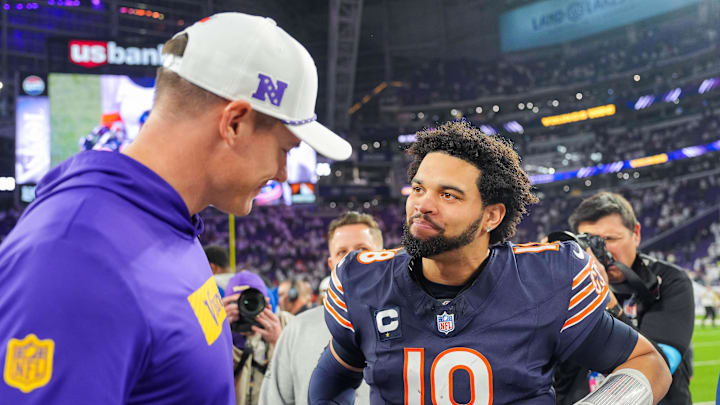 Dec 16, 2024; Minneapolis, Minnesota, USA; Chicago Bears quarterback Caleb Williams (18) talks to Minnesota Vikings head coach Kevin O'Connell after the game quarter at U.S. Bank Stadium. Mandatory Credit: Brad Rempel-Imagn Images