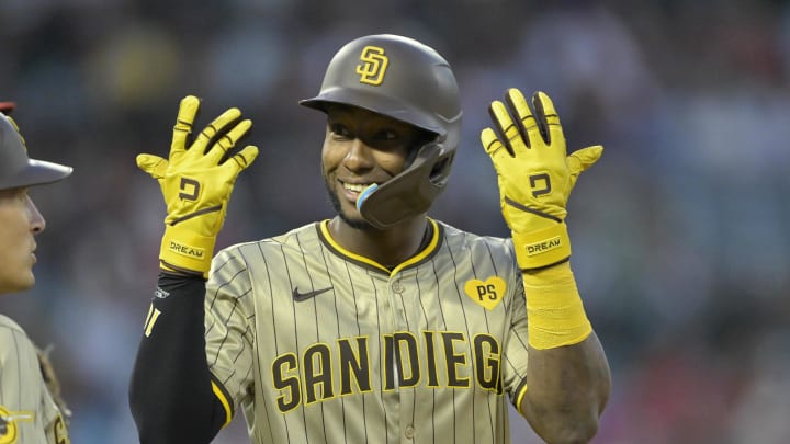 Jun 4, 2024; Anaheim, California, USA;  San Diego Padres left fielder Jurickson Profar (10) reacts after hitting a single in the seventh inning against the Los Angeles Angels at Angel Stadium. Mandatory Credit: Jayne Kamin-Oncea-USA TODAY Sports