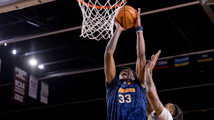 UTEP’s Elijah Jones (33) jumps to make a shot during a men’s basketball game against NMSU at the Pan American Center in Las Cruces, New Mexico, on Saturday, Feb. 21, 2026.