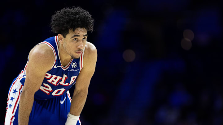 Dec 4, 2024; Philadelphia, Pennsylvania, USA; Philadelphia 76ers guard Jared McCain (20) looks on against the Orlando Magic during the fourth quarter at Wells Fargo Center. Mandatory Credit: Bill Streicher-Imagn Images Dec 4, 2024; Philadelphia, Pennsylvania, USA; Philadelphia 76ers guard Jared McCain (20) looks on against the Orlando Magic during the fourth quarter at Wells Fargo Center. Mandatory Credit: Bill Streicher-Imagn Images