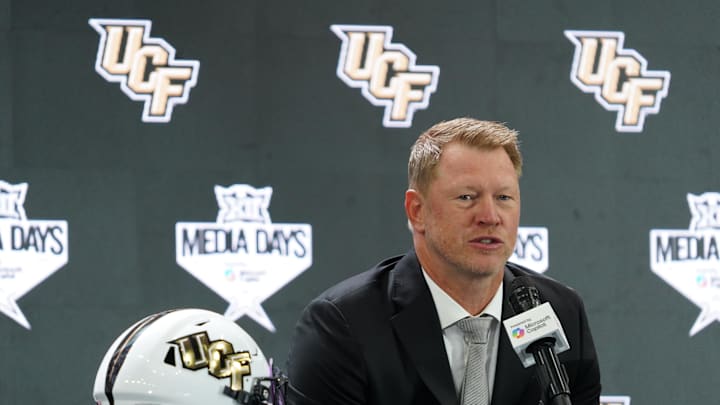 Jul 8, 2025; Frisco, TX, USA; UCF head coach Scott Frost addresses the media during 2025 Big 12 Football Media Days at The Star. Mandatory Credit: Raymond Carlin III-Imagn Images