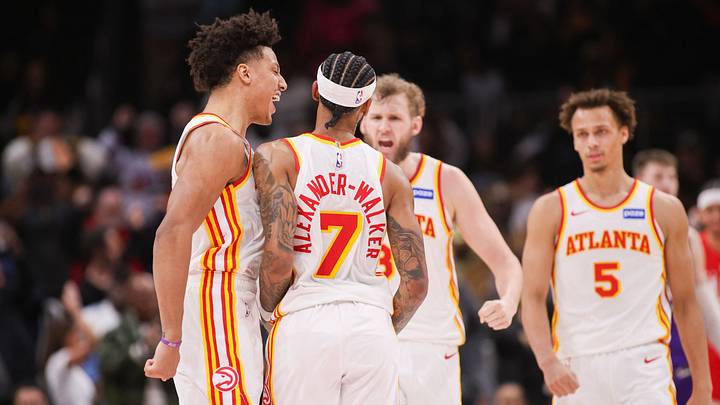 Feb 5, 2026; Atlanta, Georgia, USA; Atlanta Hawks guard Nickeil Alexander-Walker (7) celebrates with forward Jalen Johnson (1) and center Jock Landale (31) and guard Dyson Daniels (5) after a go-ahead basket against the Utah Jazz in the fourth quarter at State Farm Arena. Mandatory Credit: Brett Davis-Imagn Images Feb 5, 2026; Atlanta, Georgia, USA; Atlanta Hawks guard Nickeil Alexander-Walker (7) celebrates with forward Jalen Johnson (1) and center Jock Landale (31) and guard Dyson Daniels (5) after a go-ahead basket against the Utah Jazz in the fourth quarter at State Farm Arena. Mandatory Credit: Brett Davis-Imagn Images