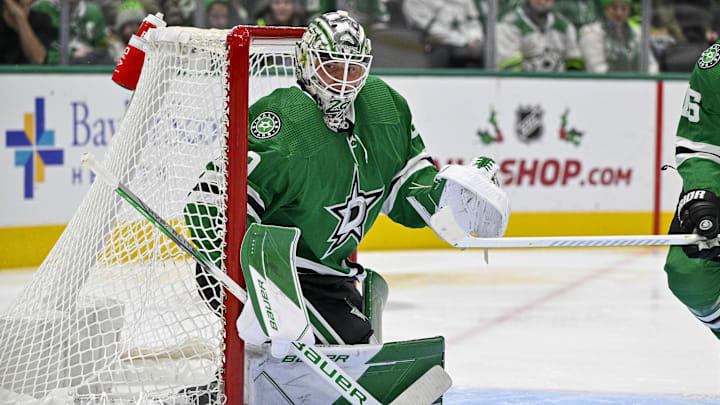 Dec 9, 2023; Dallas, Texas, USA; Dallas Stars goaltender Jake Oettinger (29) faces the Vegas Golden