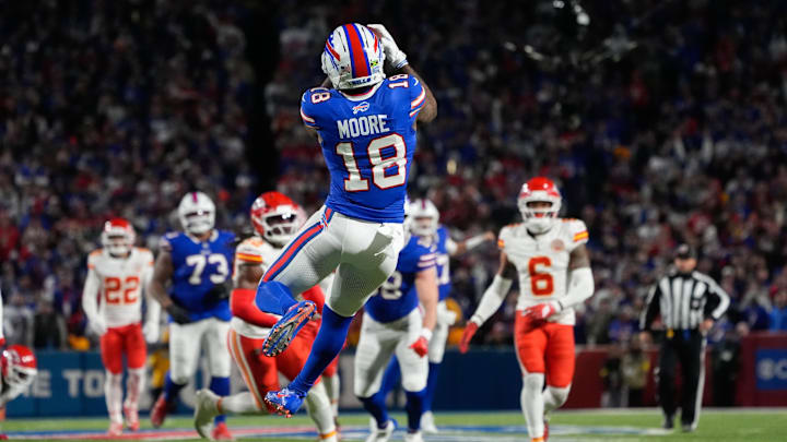 Nov 2, 2025; Orchard Park, New York, USA; Buffalo Bills wide receiver Elijah Moore (18) catches a pass during the third quarter against the Kansas City Chiefs at Highmark Stadium. 