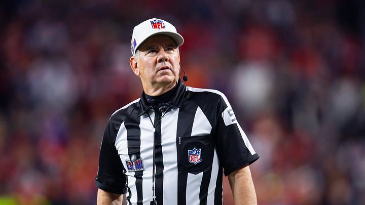 Feb 11, 2024; Paradise, Nevada, USA; NFL referee Bill Vinovich during the Kansas City Chiefs game against the San Francisco 49ers in Super Bowl LVIII at Allegiant Stadium. Mandatory Credit: Mark J. Rebilas-USA TODAY Sports Feb 11, 2024; Paradise, Nevada, USA; NFL referee Bill Vinovich during the Kansas City Chiefs game against the San Francisco 49ers in Super Bowl LVIII at Allegiant Stadium. Mandatory Credit: Mark J. Rebilas-USA TODAY Sports