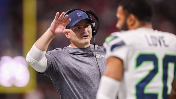 Dec 7, 2025; Atlanta, Georgia, USA; Seattle Seahawks head coach Mike MacDonald on the sideline against the Atlanta Falcons in the third quarter at Mercedes-Benz Stadium. Mandatory Credit: Brett Davis-Imagn Images