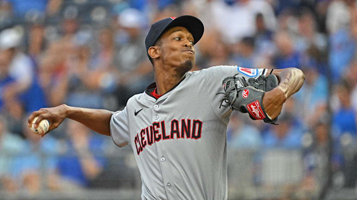 Jun 28, 2024; Kansas City, Missouri, USA;  Cleveland Guardians starting pitcher Triston McKenzie (24) delivers a pitch in the first inning against the Kansas City Royals at Kauffman Stadium. Mandatory Credit: Peter Aiken-Imagn Images