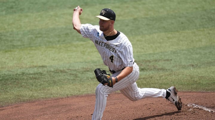 Wake Forest pitcher Blake Morningstar (4) pitches during a NCAA regional baseball game between Cincinnati and Wake Forest at Lindsey Nelson Stadium in Knoxville, Tenn., on May 30, 2025.