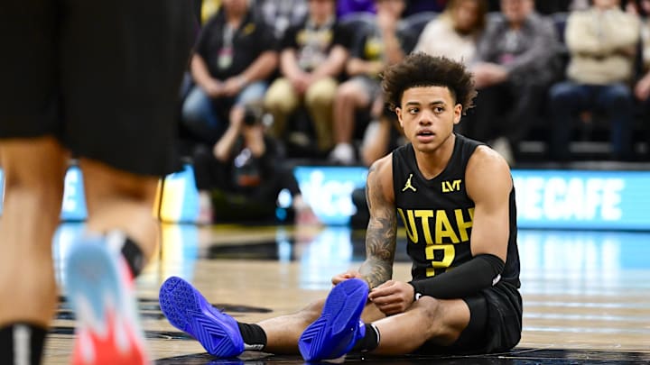 Dec 31, 2022; Salt Lake City, Utah, USA; Utah Jazz guard Keyonte George (3) sits on the floor against the Miami Heat during the second half at Vivint Arena. Mandatory Credit: Christopher Creveling-Imagn Images