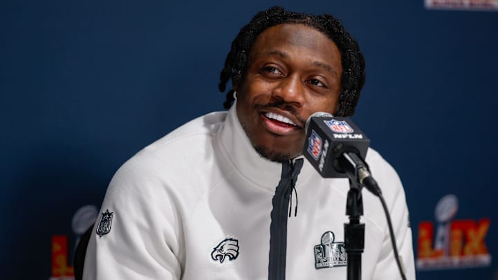 Feb 6, 2025; New Orleans, LA, USA;   Philadelphia Eagles wide receiver A.J. Brown (11) during a press conference in advance of Super Bowl LIX at New Orleans Marriott. 
