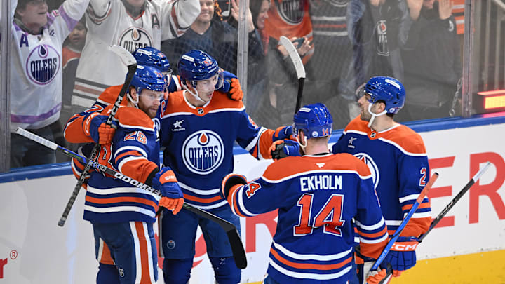 Edmonton Oilers centre Ryan Nugent-Hopkins (93) celebrates a goal with Oilers