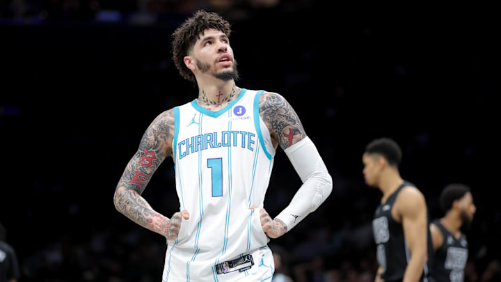 Mar 31, 2026; Brooklyn, New York, USA; Charlotte Hornets guard LaMelo Ball (1) reacts during the first quarter against the Brooklyn Nets at Barclays Center. Mandatory Credit: Brad Penner-Imagn Images