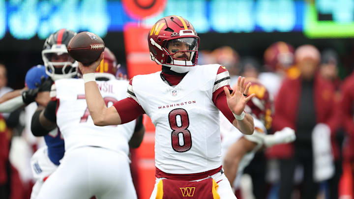 Dec 14, 2025; East Rutherford, New Jersey, USA; Washington Commanders quarterback Marcus Mariota (8) looks to pass during the first quarter against the New York Giants at MetLife Stadium. Dec 14, 2025; East Rutherford, New Jersey, USA; Washington Commanders quarterback Marcus Mariota (8) looks to pass during the first quarter against the New York Giants at MetLife Stadium.