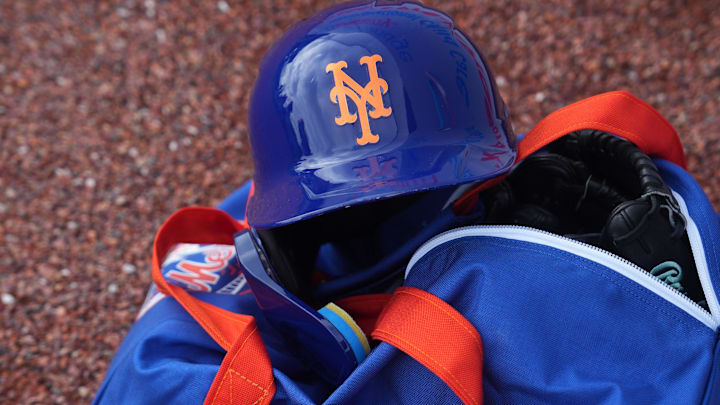 Feb 19, 2024; Port St. Lucie, FL, USA; Detail photo of Mets helmet during workouts at spring training. Mandatory Credit: Jim Rassol-Imagn Images