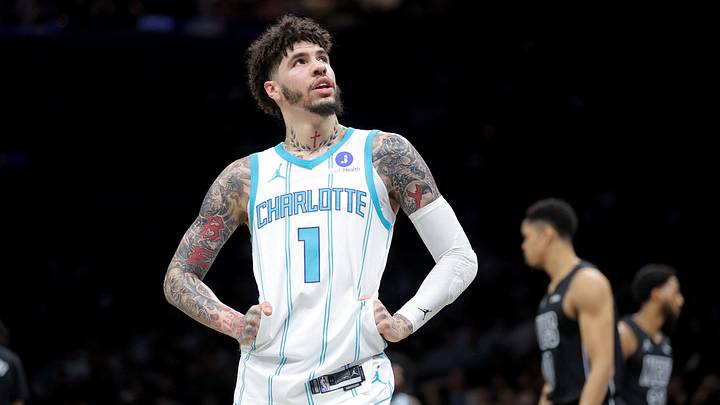 Mar 31, 2026; Brooklyn, New York, USA; Charlotte Hornets guard LaMelo Ball (1) reacts during the first quarter against the Brooklyn Nets at Barclays Center. Mandatory Credit: Brad Penner-Imagn Images Mar 31, 2026; Brooklyn, New York, USA; Charlotte Hornets guard LaMelo Ball (1) reacts during the first quarter against the Brooklyn Nets at Barclays Center. Mandatory Credit: Brad Penner-Imagn Images