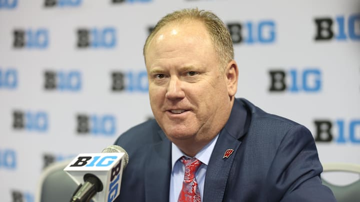 Oct 9, 2025; Rosemont, IL, USA;  Wisconsin head coach Greg Gard speaks during Big Ten Men’s Basketball Media Days at the Donald E. Stephens Convention Center. Mandatory Credit: Talia Sprague-Imagn Images