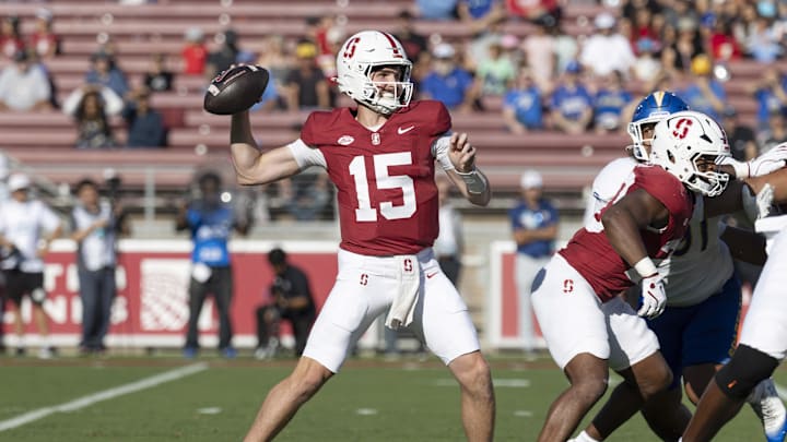 Sep 27, 2025; Stanford, California, USA;  Stanford Cardinal quarterback Ben Gulbranson (15) throws the ball during the first quarter against the San Jose State Spartans at Stanford Stadium. Mandatory Credit: Stan Szeto-Imagn Images

