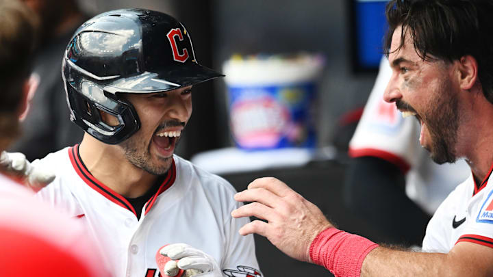 Jul 24, 2025; Cleveland, Ohio, USA; Cleveland Guardians left fielder Steven Kwan (38) celebrates with catcher Austin Hedges (27) after hitting a home run during the fifth inning against the Baltimore Orioles at Progressive Field. Mandatory Credit: Ken Blaze-Imagn Images Jul 24, 2025; Cleveland, Ohio, USA; Cleveland Guardians left fielder Steven Kwan (38) celebrates with catcher Austin Hedges (27) after hitting a home run during the fifth inning against the Baltimore Orioles at Progressive Field. Mandatory Credit: Ken Blaze-Imagn Images