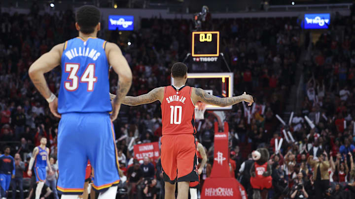 Dec 1, 2024; Houston, Texas, USA; Houston Rockets forward Jabari Smith Jr. (10) reacts after the end of the game against the Oklahoma City Thunder at Toyota Center. Mandatory Credit: Troy Taormina-Imagn Images