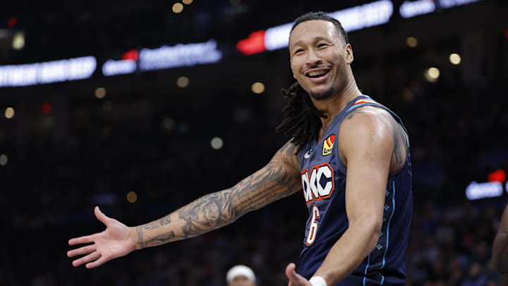 Mar 27, 2026; Oklahoma City, Oklahoma, USA; Oklahoma City Thunder forward Jaylin Williams (6) smiles after play against the Chicago Bulls during the second half at Paycom Center. Mandatory Credit: Alonzo Adams-Imagn Images