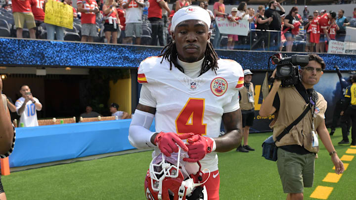 Sep 29, 2024; Inglewood, California, USA;  Kansas City Chiefs wide receiver Rashee Rice (4) leaves the field following the game against the Los Angeles Chargers at SoFi Stadium. Mandatory Credit: Jayne Kamin-Oncea-Imagn Images