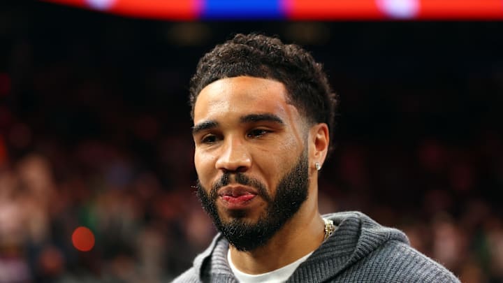 Feb 24, 2026; Phoenix, Arizona, USA; Boston Celtics injured forward Jayson Tatum against the Phoenix Suns in the first half at Mortgage Matchup Center. Mandatory Credit: Mark J. Rebilas-Imagn Images