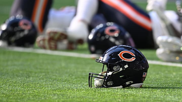 Nov 16, 2025; Minneapolis, Minnesota, USA; A Chicago Bears helmet sits on the field prior to a game against the Minnesota Vikings at U.S. Bank Stadium. Mandatory Credit: Jeffrey Becker-Imagn Images