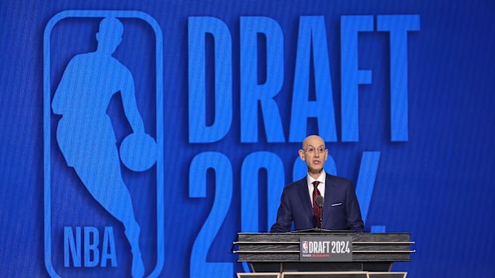 Jun 26, 2024; Brooklyn, NY, USA; NBA commissioner Adam Silver speaks before the first round of the 2024 NBA Draft at Barclays Center. Mandatory Credit: Brad Penner-USA TODAY Sports Jun 26, 2024; Brooklyn, NY, USA; NBA commissioner Adam Silver speaks before the first round of the 2024 NBA Draft at Barclays Center. Mandatory Credit: Brad Penner-USA TODAY Sports